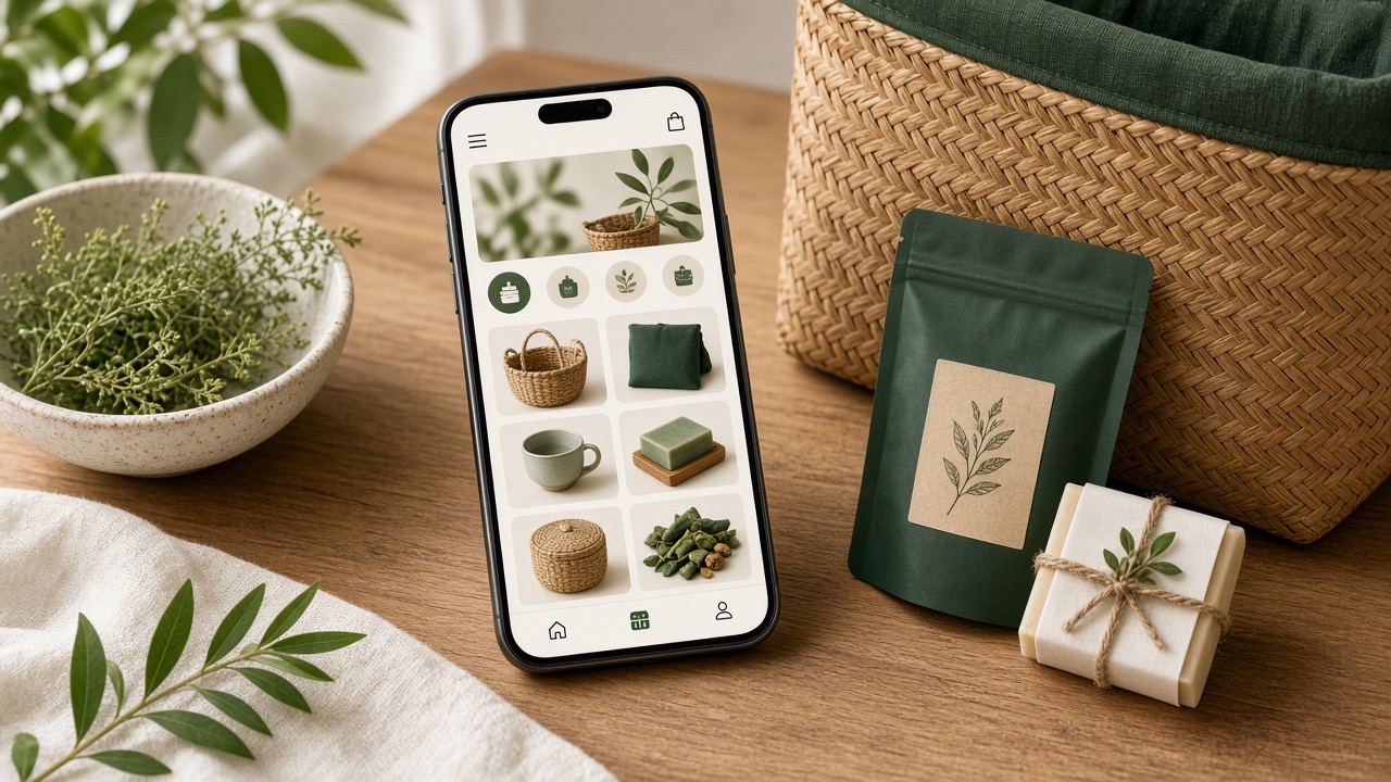 Phone showing a clean online kedai layout beside packaged products